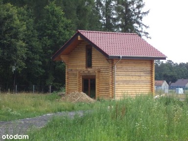 Dom z bali w pięknym krajobrazie pól i lasów