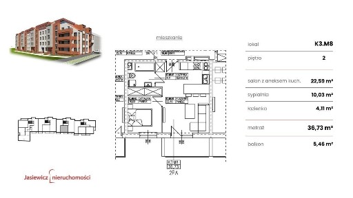 Nowe mieszkanie 2-pokojowe 36,7 m² z balkonem - Słubice, ul. Żwirki