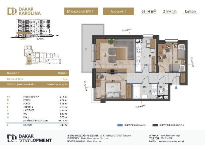 3 pokoje - 68,14m2 |Oddzielna kuchnia |2 łazienki |Balkon |Projektant
