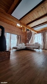 Drewniany dom z bali na wsi z kominkiem i lasem