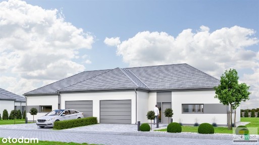 Nowoczesny dom parterowy w zabudowie bliżniaczej.