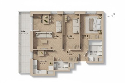 Południe / Zachód 12m BALKON - 63m OSOBNA KUCHNIA