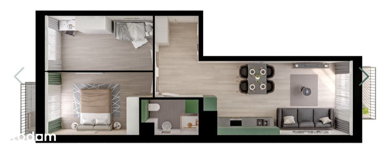 2 balkony, zieleń dookoła