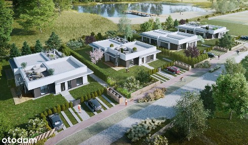 Dom 99m2, nowoczesna bryła, jezioro, Puszcza, ogród, taras na dachu