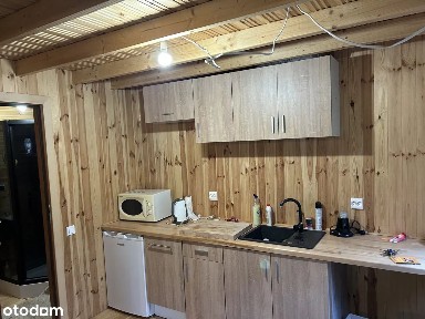 Całoroczny domek drewniany na działce ROD - Komorów, pełne wyposażenie