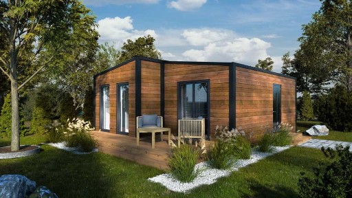 Dom modułowy z Ekspozycji, mobilny, pow. zabudowy 40 m2, całoroczny.