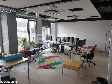 Biuro otoczone drzewami z patio pomiędzy budynkami