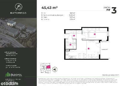 Apartament A3 2 pokoje | 45.43 m² | Niska zabudowa z windą | Batorego
