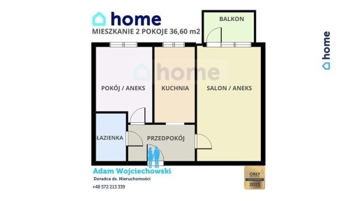 2 pokoje + kuchnia 36,60 m2 Krakowska-Południe
