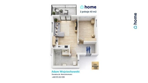 Nowe 2 pokoje 43,20 m2 + duży balkon + Projektant