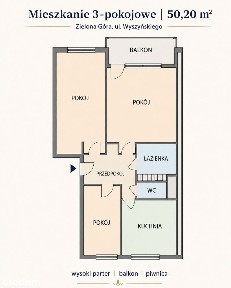 3 pokoje, jasne mieszkanie z balkonem, wysoki parter, 50m2