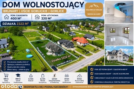 Dom wolnostojący 400m2 Działka 23a Brunary Gorlice