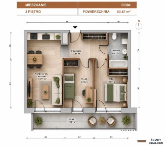 3-pok. 64.83 m² + 2 balkony, możliwość aranżacji 'pod klucz'