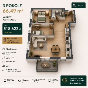 3 pokoje | Widzew | Balkon | 66,49 m² | Parking | 1 piętro | Rodzinne