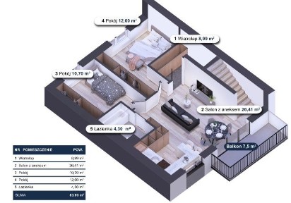 Mieszkanie 63 m² z balkonem i poddaszem 30,82 m² | Odbiór w połowie sierpnia