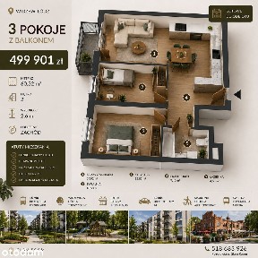 3 pokoje | 60,32 m² | Balkon | Widzew | 2 piętro | miejsce parkingowe