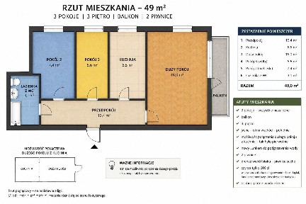 3 pokoje z balkonem | 49 m² | 2 piwnice | Janikowo | 199 tys. zł