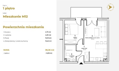 Mieszkanie z balkonem Osiedle Tulipanova Kobylin | 38,62 m² | winda