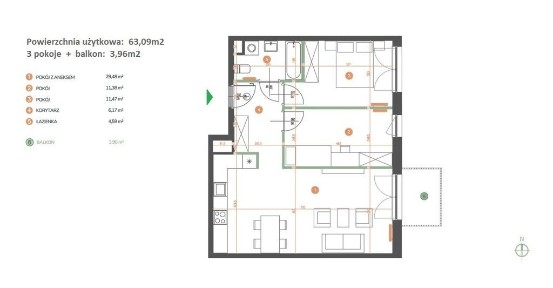 Nowe 3 pokoje, 63m2, 3 piętro, KL, garaż