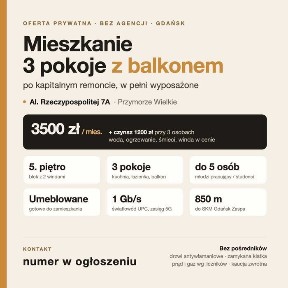Wynajmę mieszkanie 3 pokoje, Balkon, Po Remoncie - Aleja Rzeczypospolitej, Gdańsk