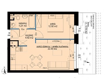 2 pokoje | 43,78 m² | 1 piętro | taras 13,18 m² | Hawelańska