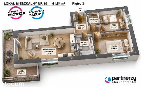 Nowe mieszkanie 3 pokojowe 61m2 na 3 piętrze