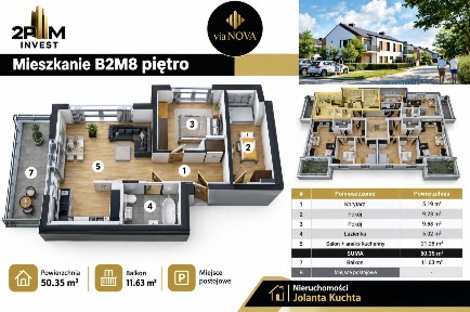 3 Pok./I Piętro/ 50,35m2/Balkon 11,63m2/Miejsce parkingowe/0% Prowizji