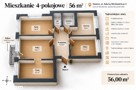 Słoneczne Mieszkanie 56 m²| Widok na miasto | Centrum Sławna