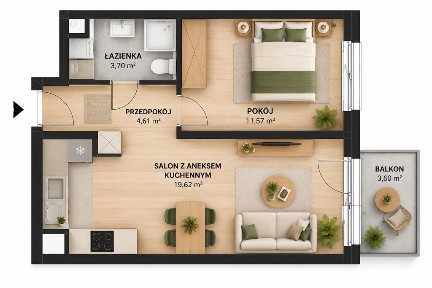 2 POKOJE | 39,5 M² | BALKON | 1. PIĘTRO | ZAKRZÓW