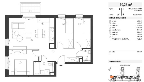 4 POKOJE | 70,26 m² | 3 SYPIALNIE | 3 PIĘTRO | BALKON |