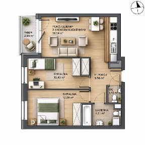 3 pokoje | 53,27 m² | 2 sypialnie | Loggia | garaż podziemny