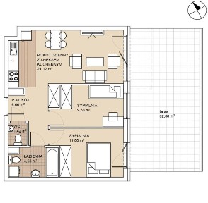 3 pokoje, 54 m², taras 32m2, nowy budynek