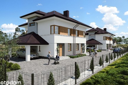 Nowoczesny bliźniak z wiatą garażową, ogrodem i poddaszem