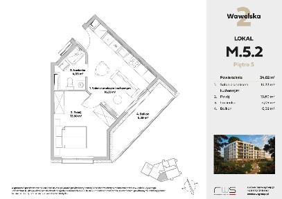 2 pokoje | 34,02 m² | Wawelska 2 | M52