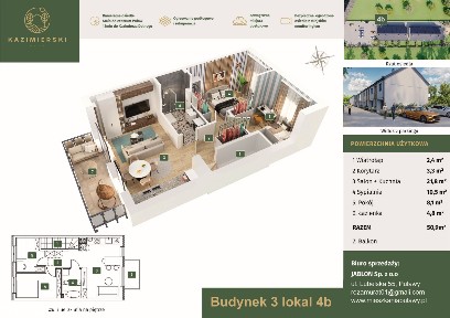 Ostatnie mieszkanie -3 pokoje 50,90 m2 plus poddasze, 20 m =70 m