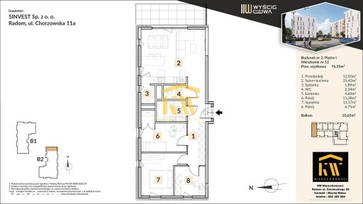 3 pokoje / 76,35 m / 1 piętro / balkon 10,5m